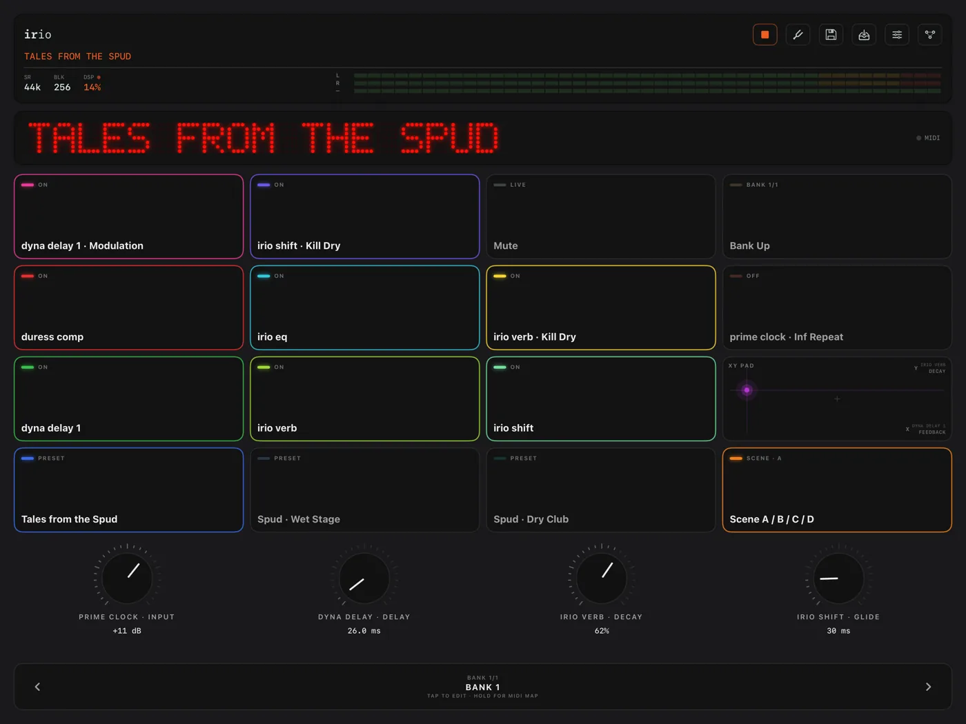 The perform page on iPad, with sixteen assigned pads, four performance knobs and the preset marquee.