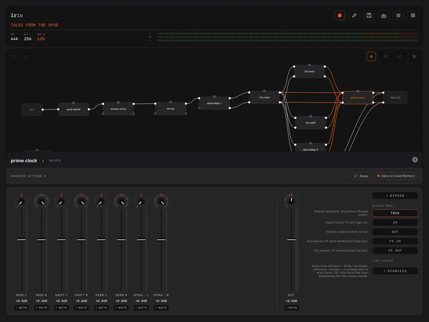 The prime clock’s LEVELS pane on iPad, with eight input channel strips over the factory preset’s canvas.