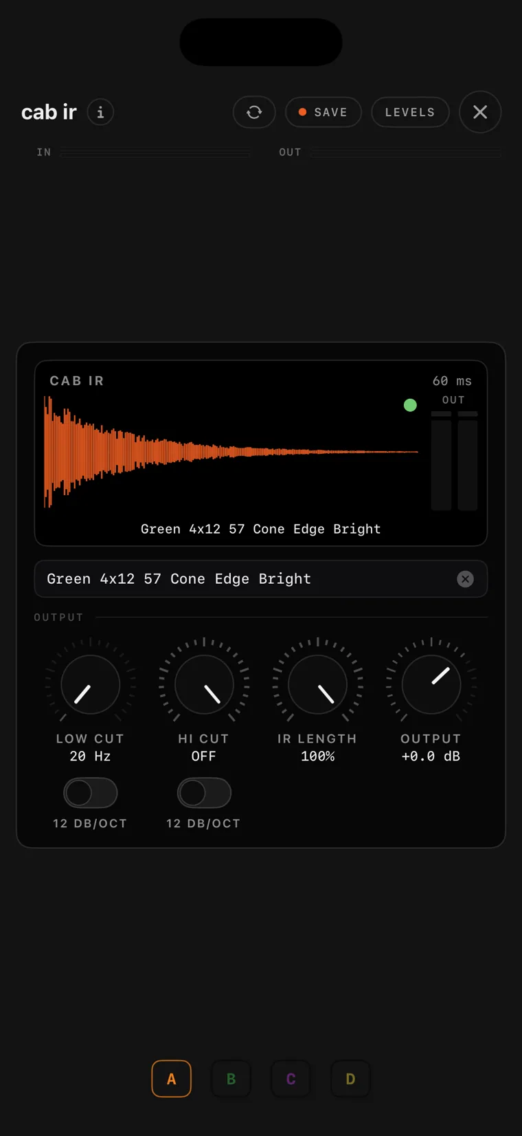 The cab ir console on iPhone with a loaded impulse response.
