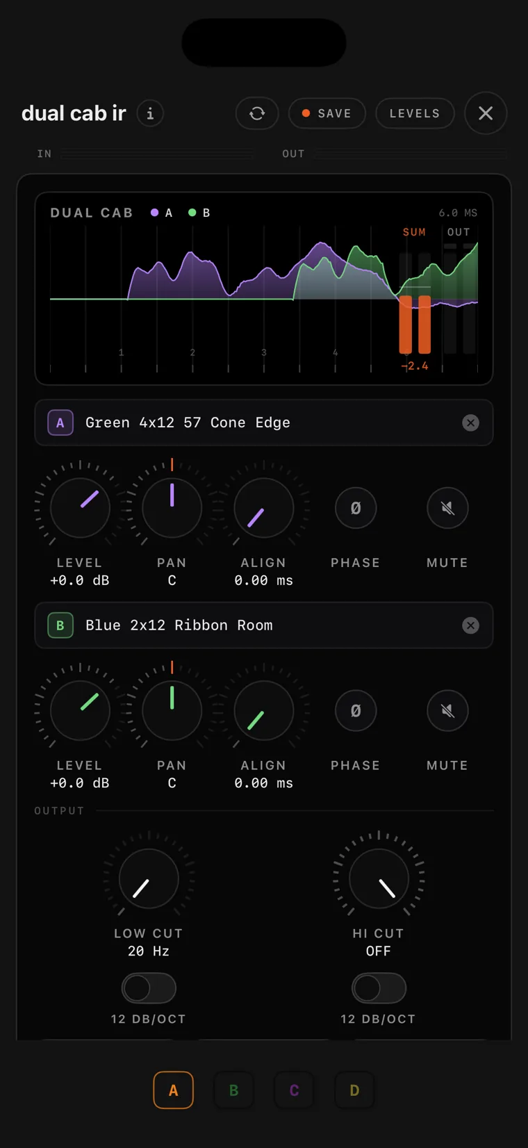 The dual cab ir console on iPhone with two loaded impulse responses.