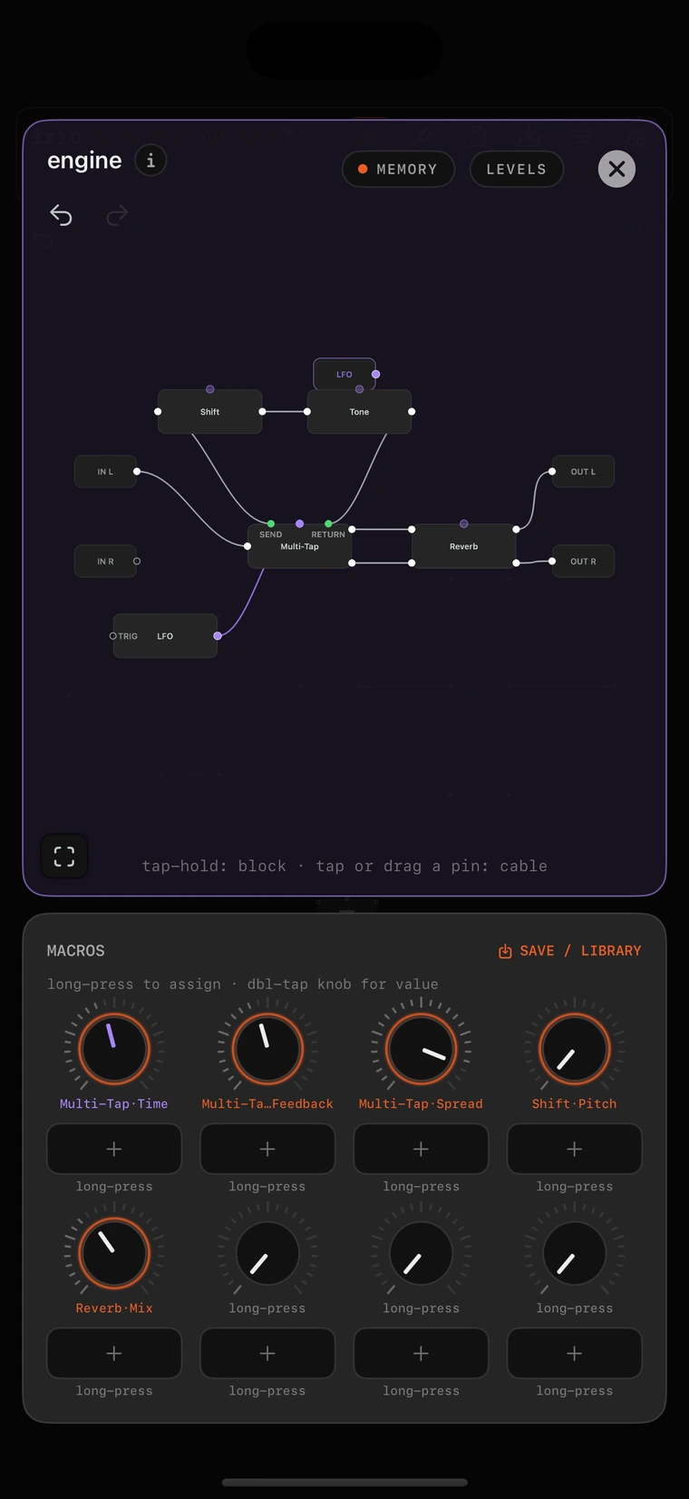 The engine builder canvas on iPhone.
