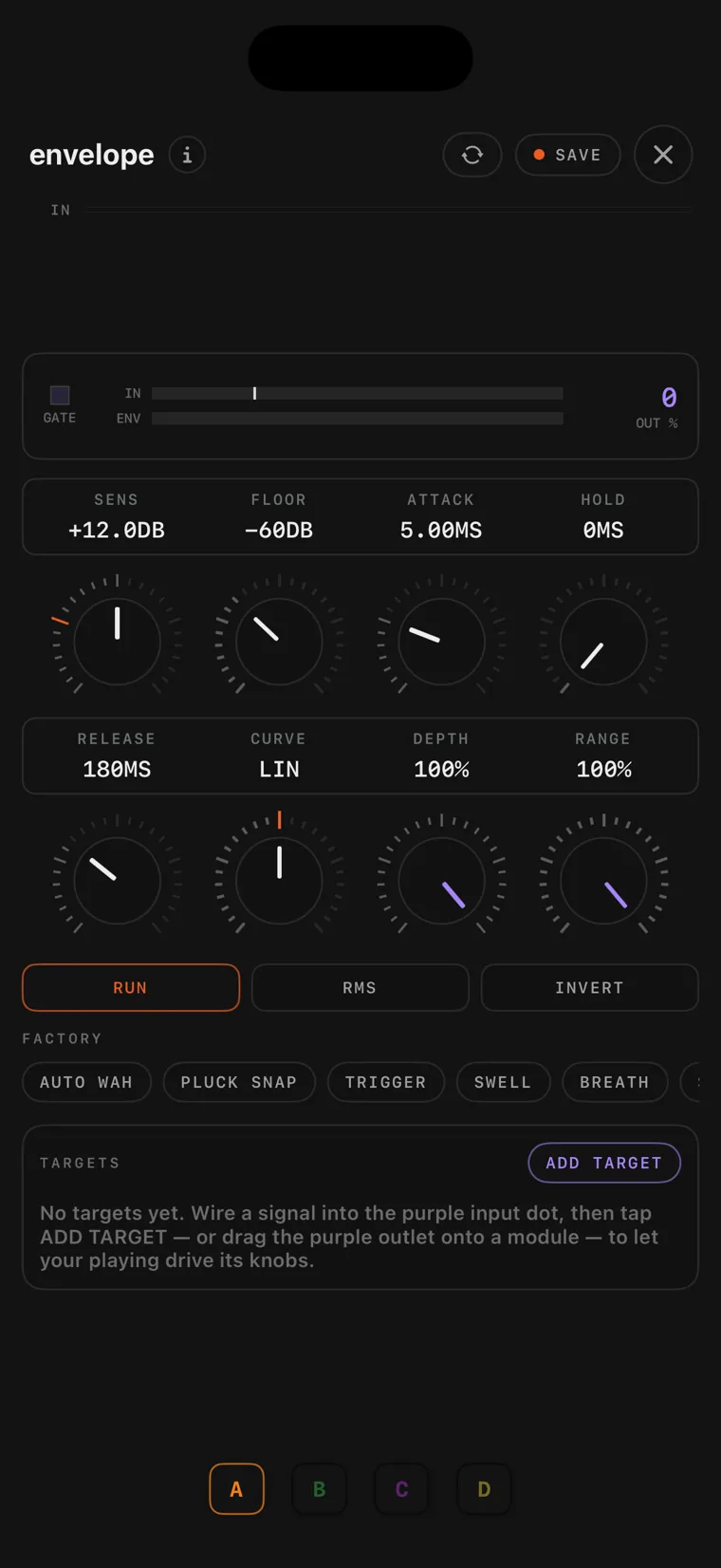 The envelope modifier console on iPhone.