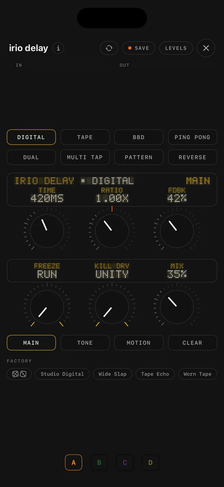 The irio delay console on iPhone.