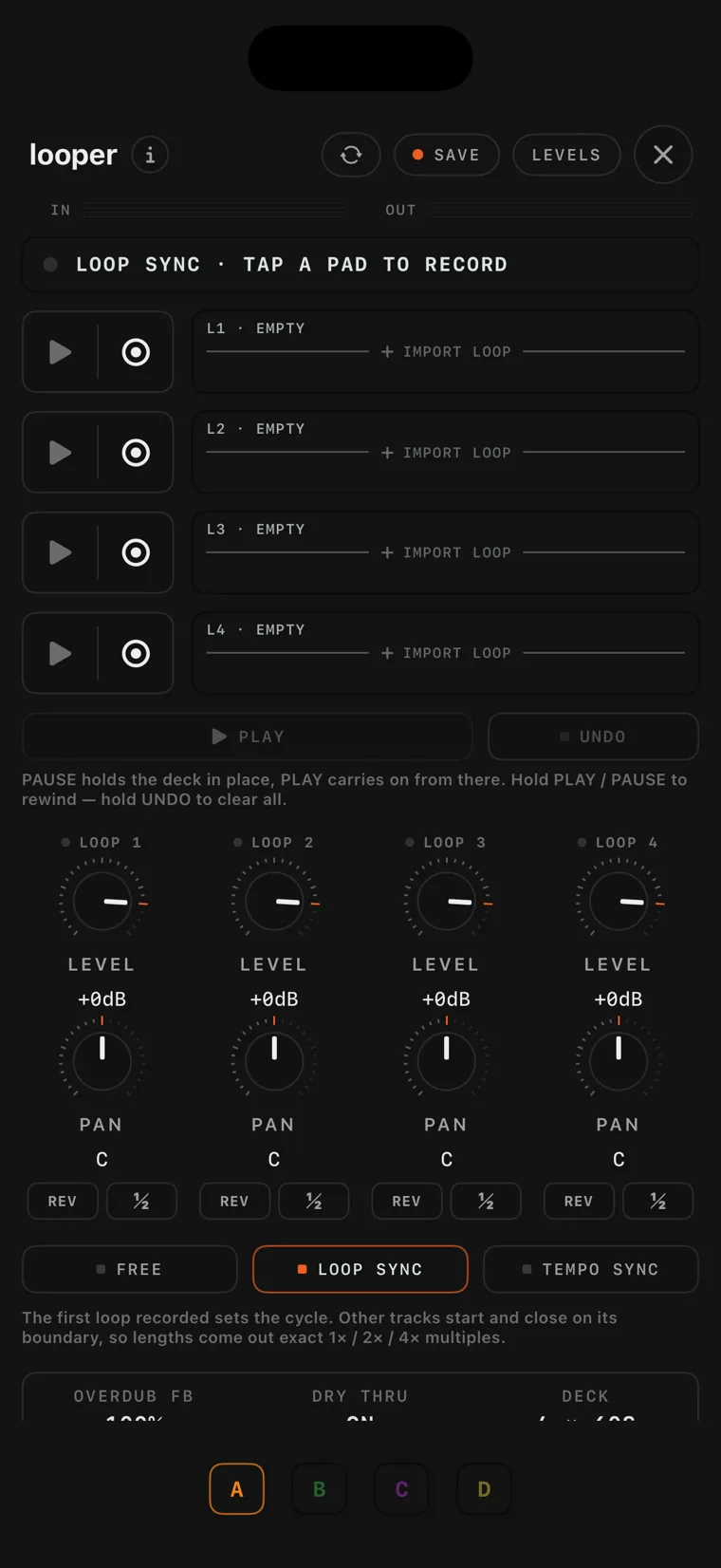 The looper console on iPhone with recorded loops.