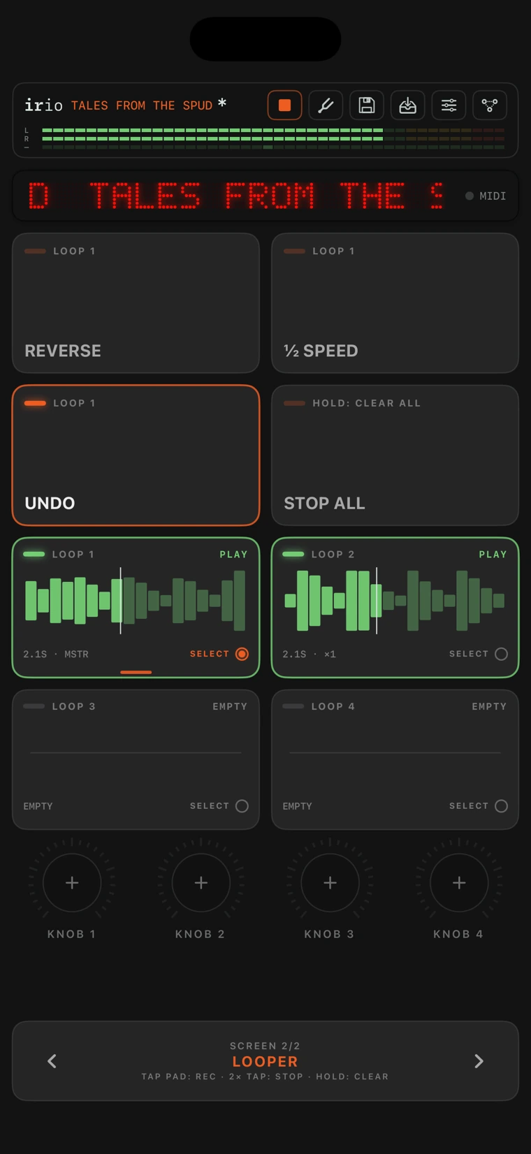 The perform page looper screen on iPhone.
