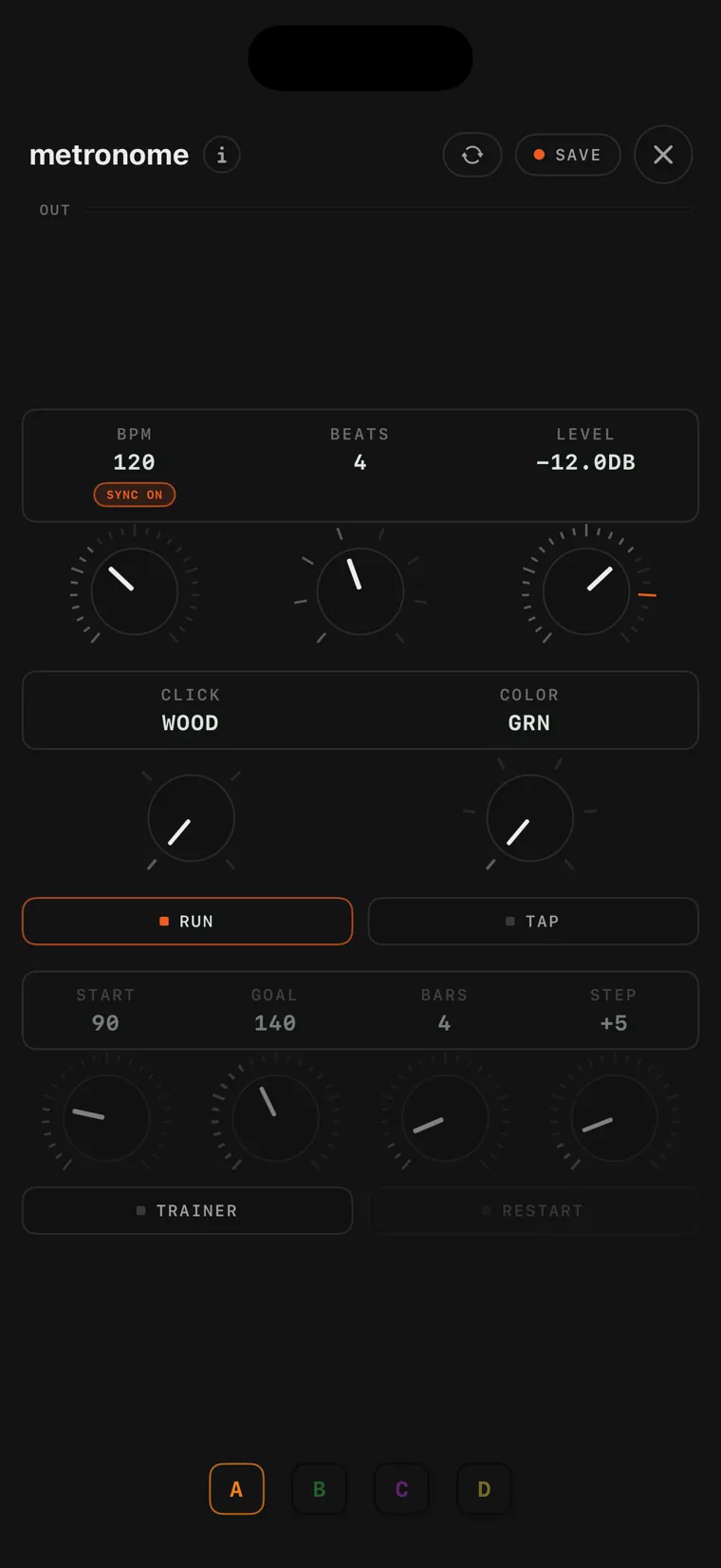 The metronome console on iPhone.