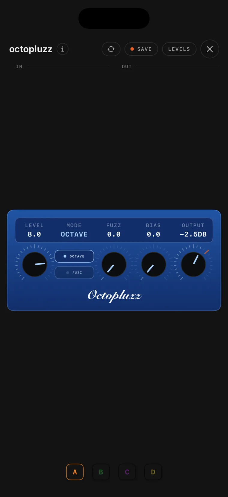 The octopluzz fuzz console on iPhone.