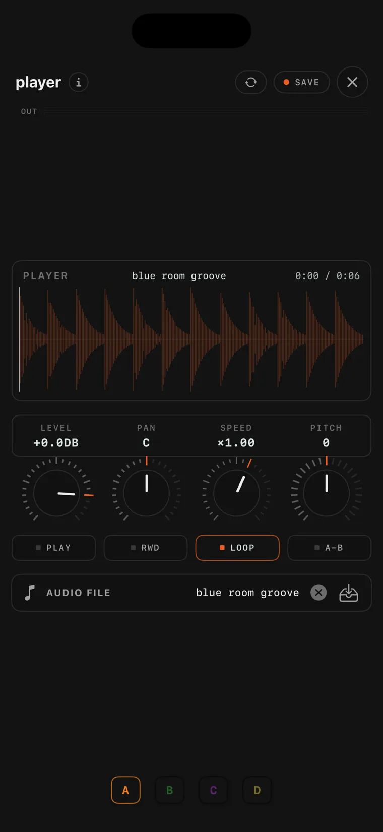 The player console on iPhone with a loaded audio file.