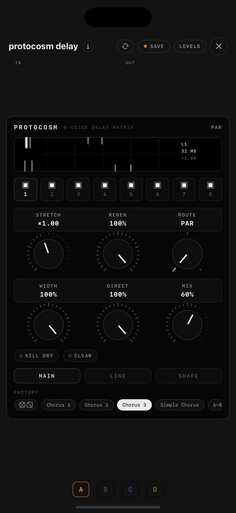 The protocosm delay console on iPhone.