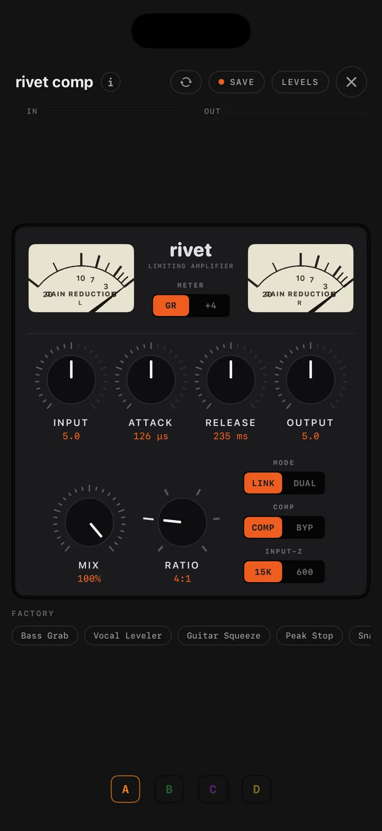 The rivet comp console on iPhone.
