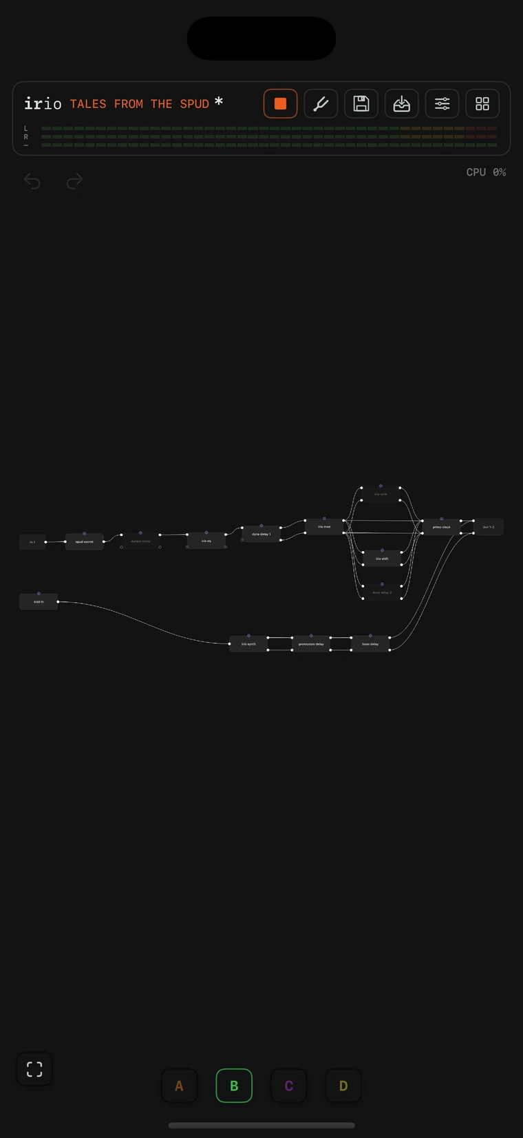 The routing canvas on iPhone with scene B active.
