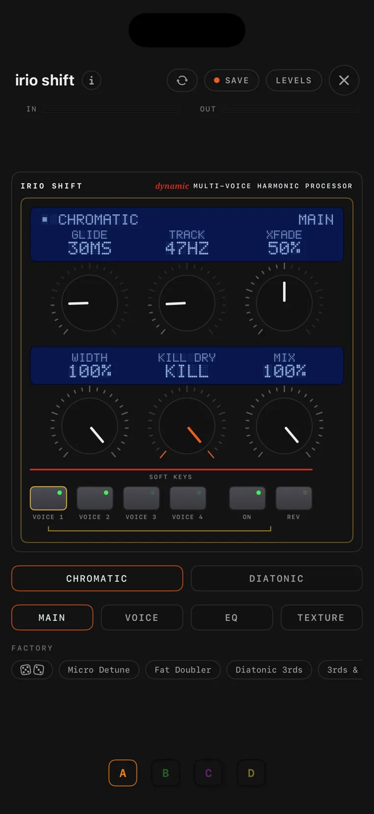 The irio shift console on iPhone.