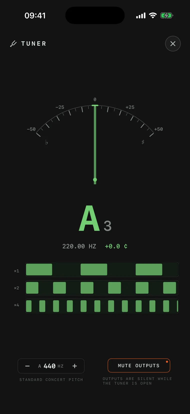 The built-in full-screen tuner on iPhone, needle centred on a green A3.