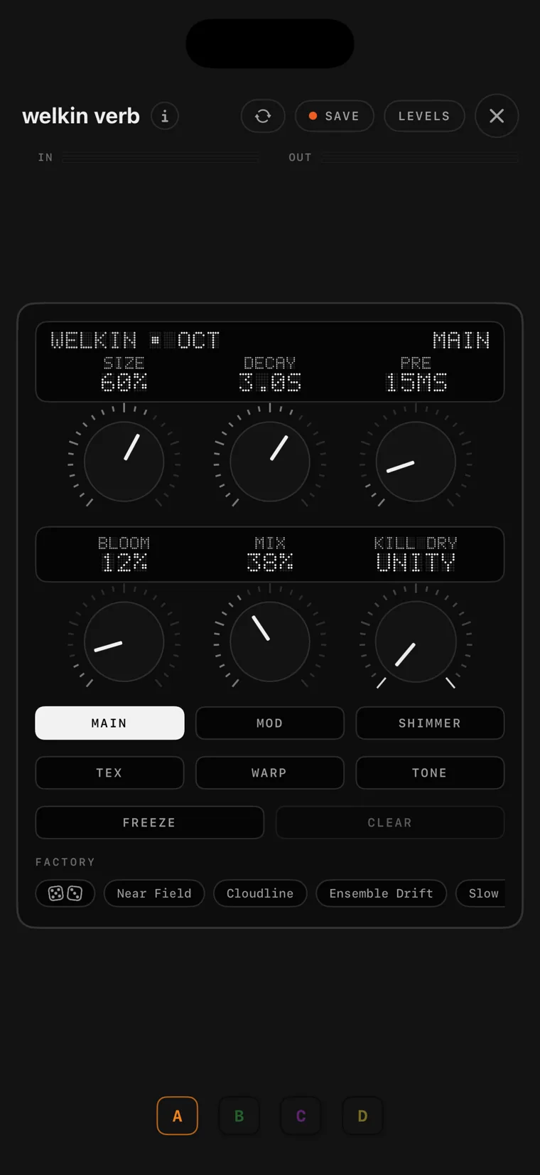 The welkin verb console on iPhone.